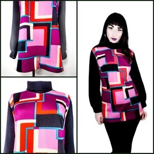Vintage 1960s Colorblock Mod Midcentury Tunic Turtleneck Bishop Sleeve Top